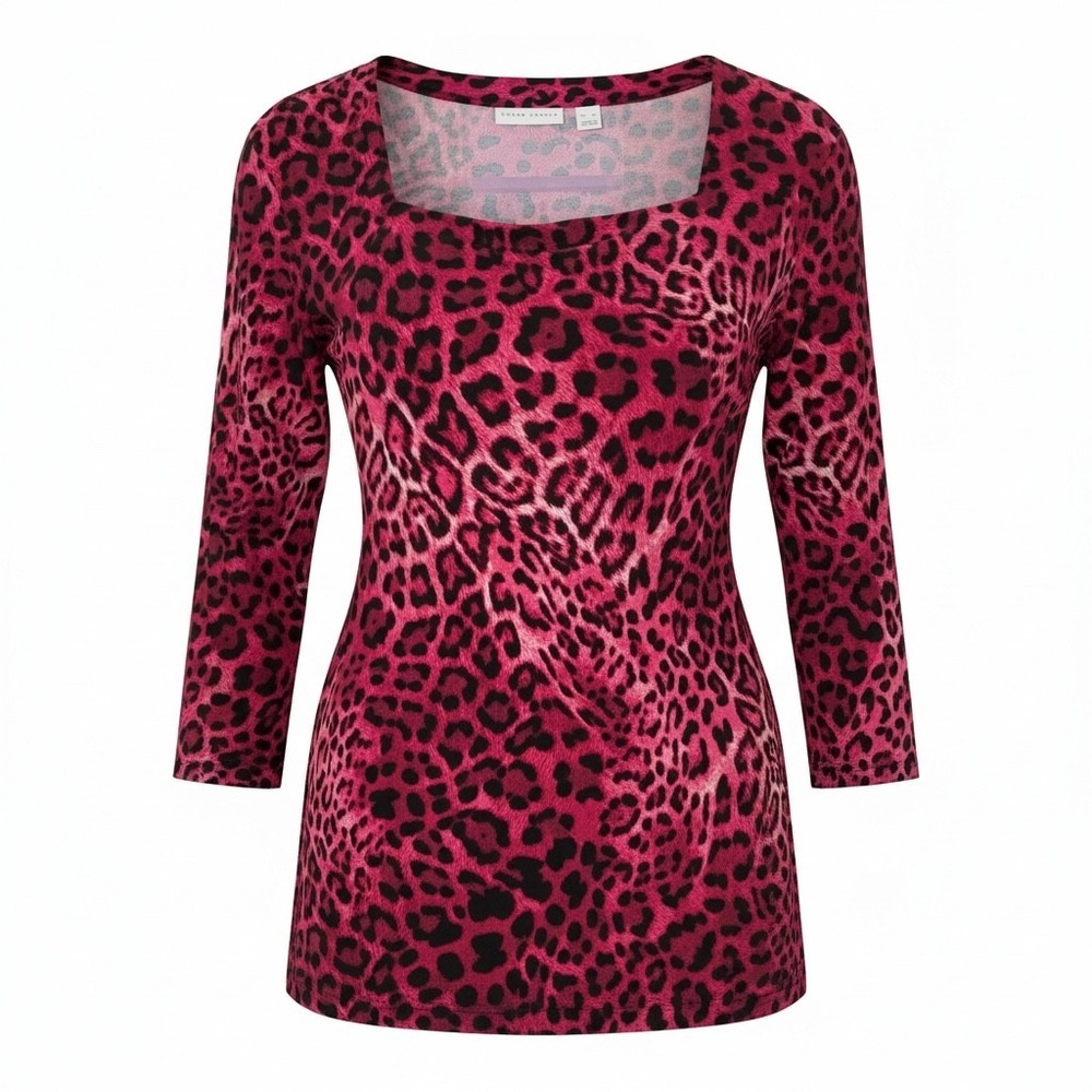 Susan Graver XL Pink Black Leopard Animal Print Square Neck Tunic Top 3/4 Sleeve